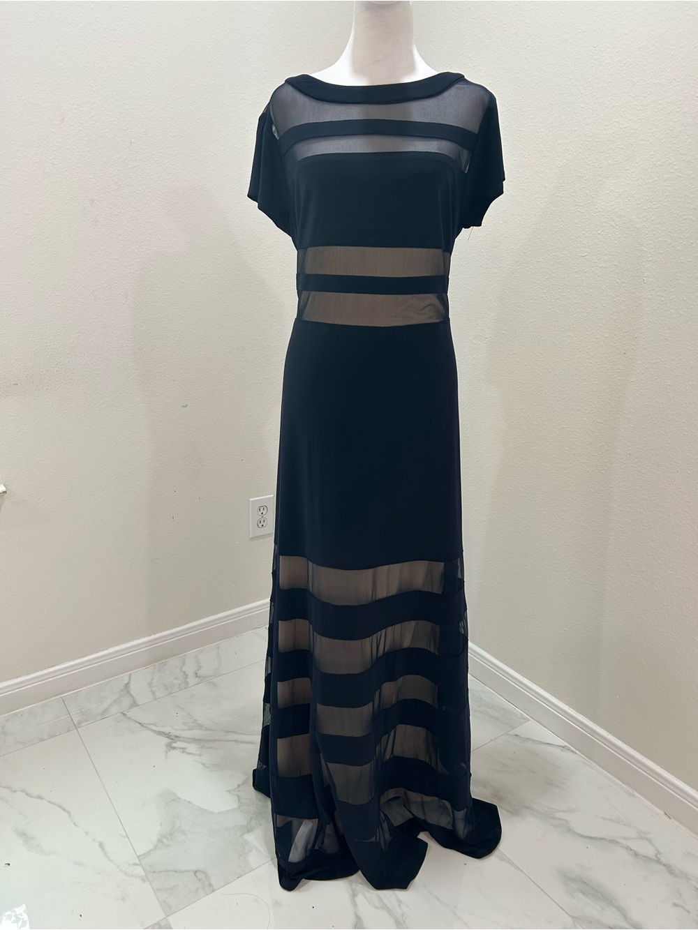 R&M Richards Sheer-Panel Maxi Navy Blue Formal Dress, Size 16